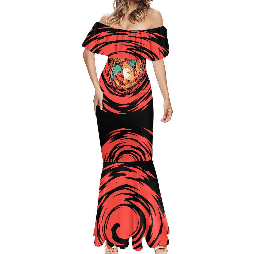 Charizard Pokémon Red and Black Swirl Design Mermaid Dress with Flames, Pokéball Accents, and Dynamic Fire-Breathing Pose - The Mazicc