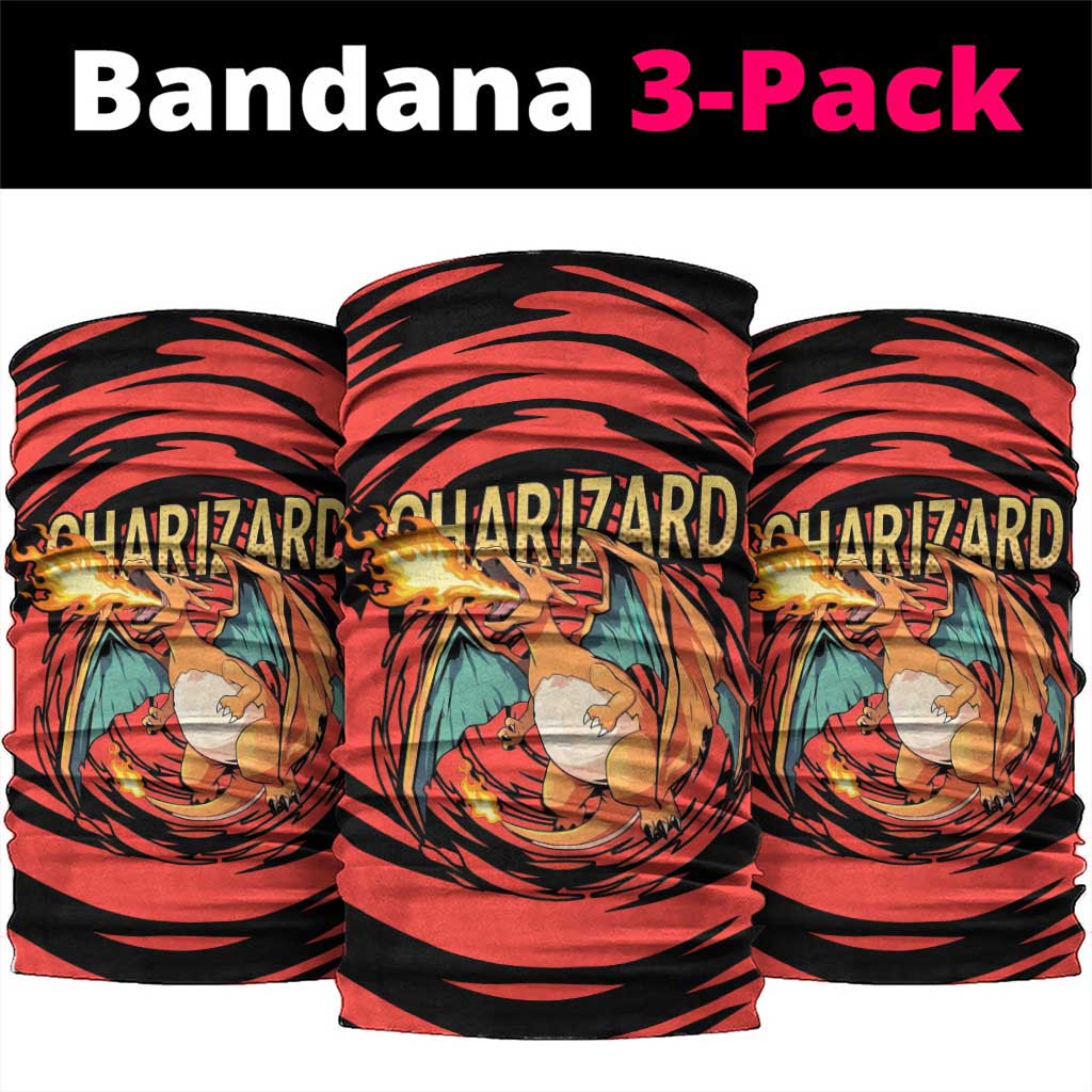 Charizard Pokémon Red and Black Swirl Design Neck Gaiter with Flames, Pokéball Accents, and Dynamic Fire-Breathing Pose - The Mazicc