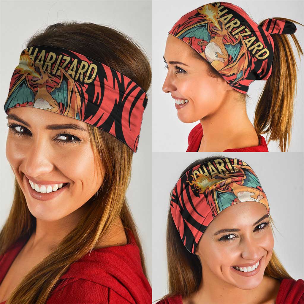 Charizard Pokémon Red and Black Swirl Design Neck Gaiter with Flames, Pokéball Accents, and Dynamic Fire-Breathing Pose - The Mazicc