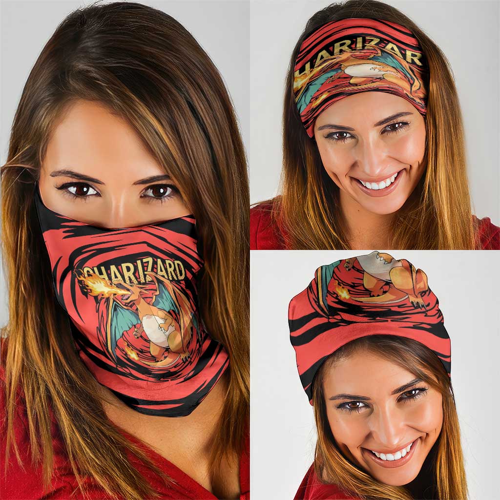 Charizard Pokémon Red and Black Swirl Design Neck Gaiter with Flames, Pokéball Accents, and Dynamic Fire-Breathing Pose - The Mazicc