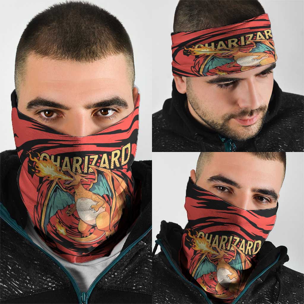 Charizard Pokémon Red and Black Swirl Design Neck Gaiter with Flames, Pokéball Accents, and Dynamic Fire-Breathing Pose - The Mazicc