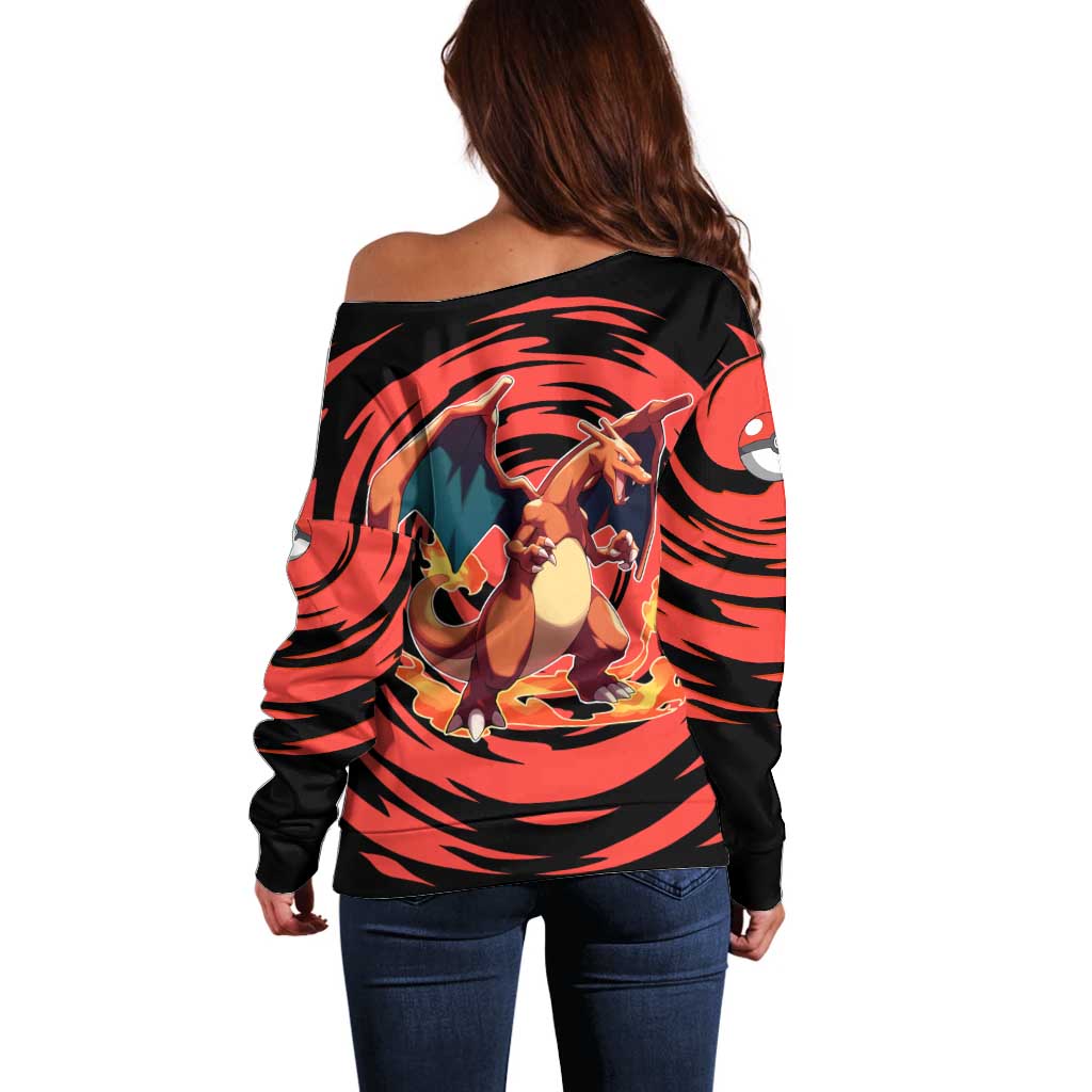 Charizard Pokémon Red and Black Swirl Design Off Shoulder Sweater with Flames, Pokéball Accents, and Dynamic Fire-Breathing Pose - The Mazicc