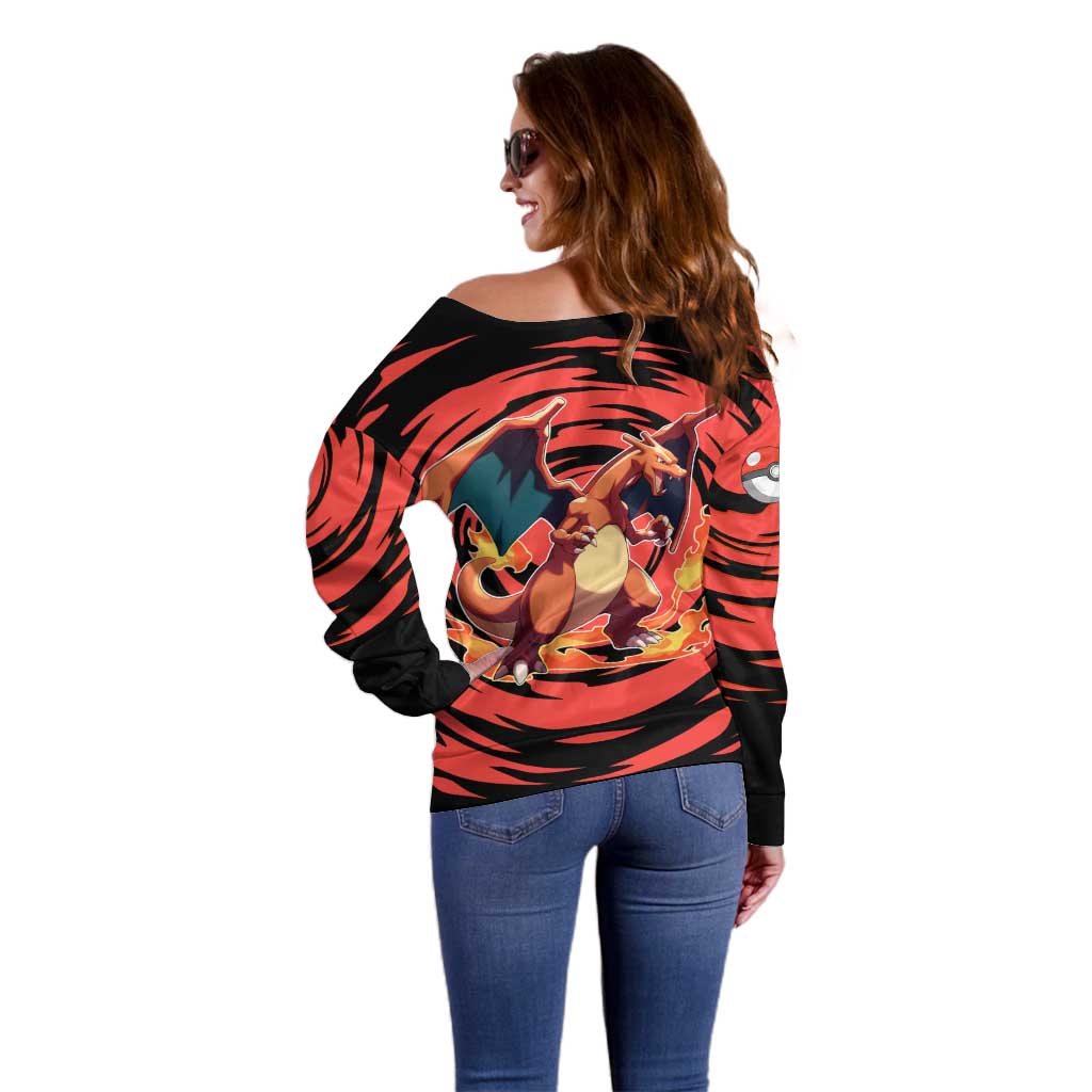 Charizard Pokémon Red and Black Swirl Design Off Shoulder Sweater with Flames, Pokéball Accents, and Dynamic Fire-Breathing Pose - The Mazicc