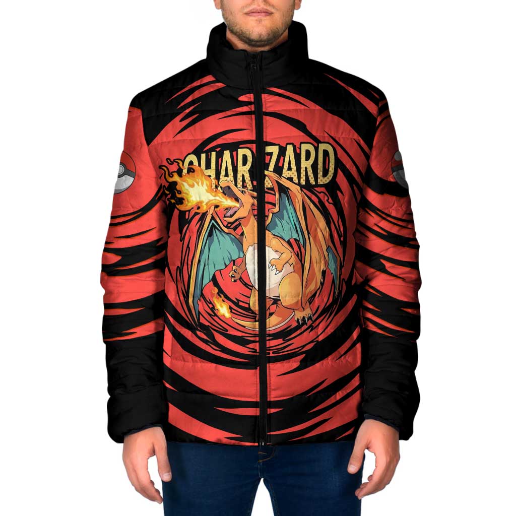 Charizard Pokémon Red and Black Swirl Design Padded Jacket with Flames, Pokéball Accents, and Dynamic Fire-Breathing Pose - The Mazicc