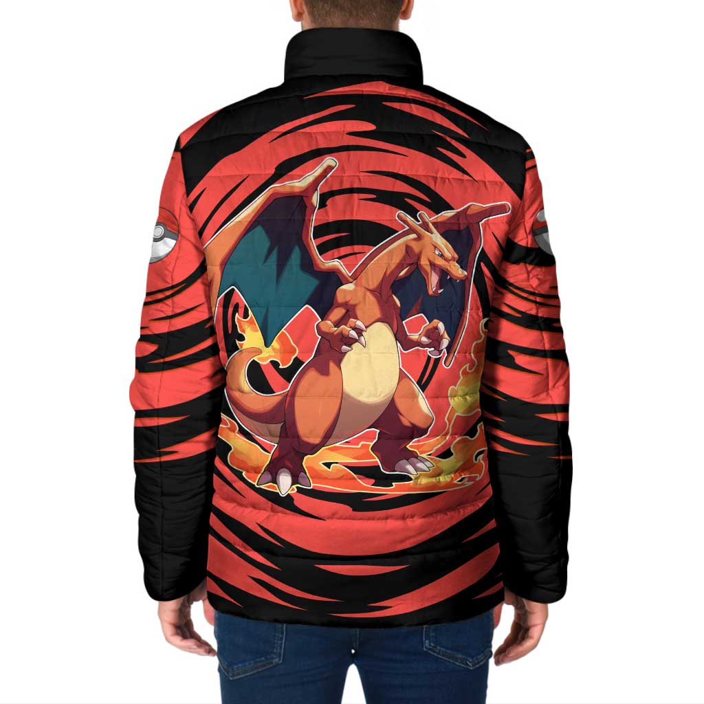 Charizard Pokémon Red and Black Swirl Design Padded Jacket with Flames, Pokéball Accents, and Dynamic Fire-Breathing Pose - The Mazicc