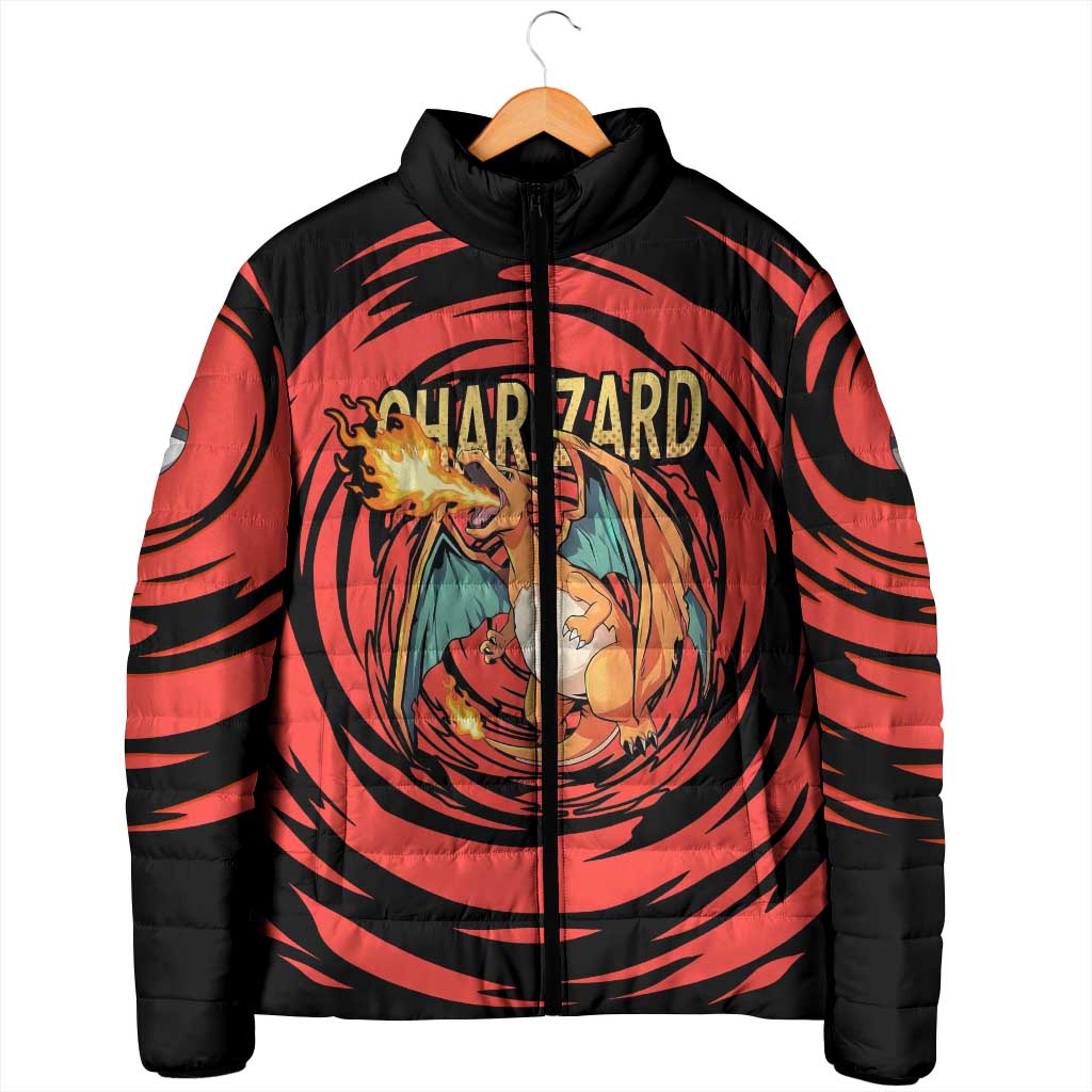 Charizard Pokémon Red and Black Swirl Design Padded Jacket with Flames, Pokéball Accents, and Dynamic Fire-Breathing Pose - The Mazicc