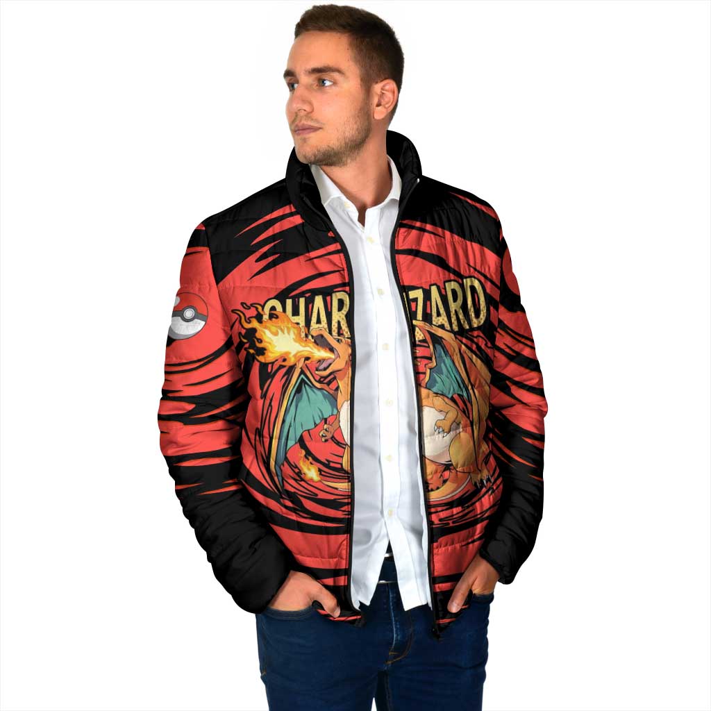 Charizard Pokémon Red and Black Swirl Design Padded Jacket with Flames, Pokéball Accents, and Dynamic Fire-Breathing Pose - The Mazicc