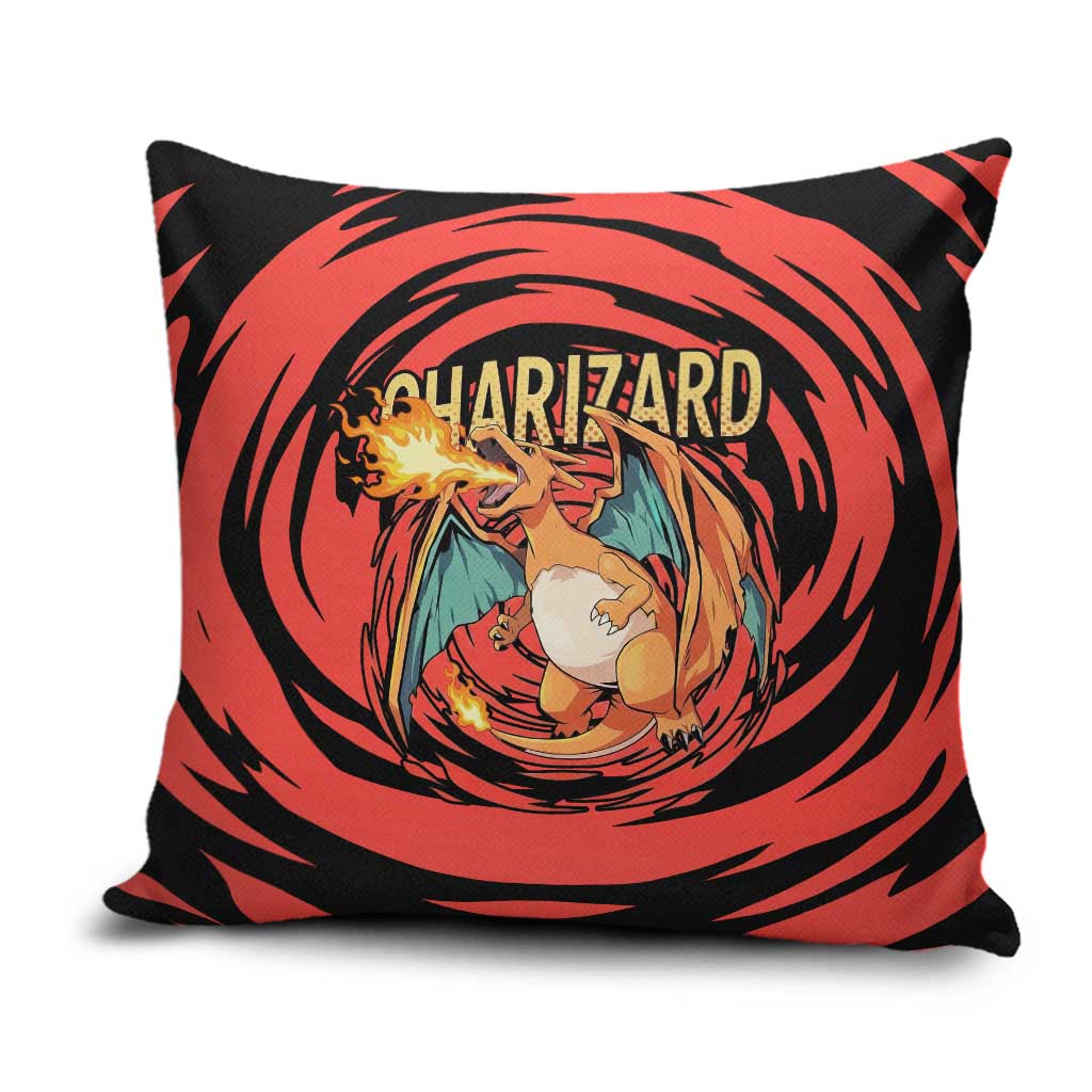 Charizard Pokémon Red and Black Swirl Design Pillow Cover with Flames, Pokéball Accents, and Dynamic Fire-Breathing Pose - The Mazicc