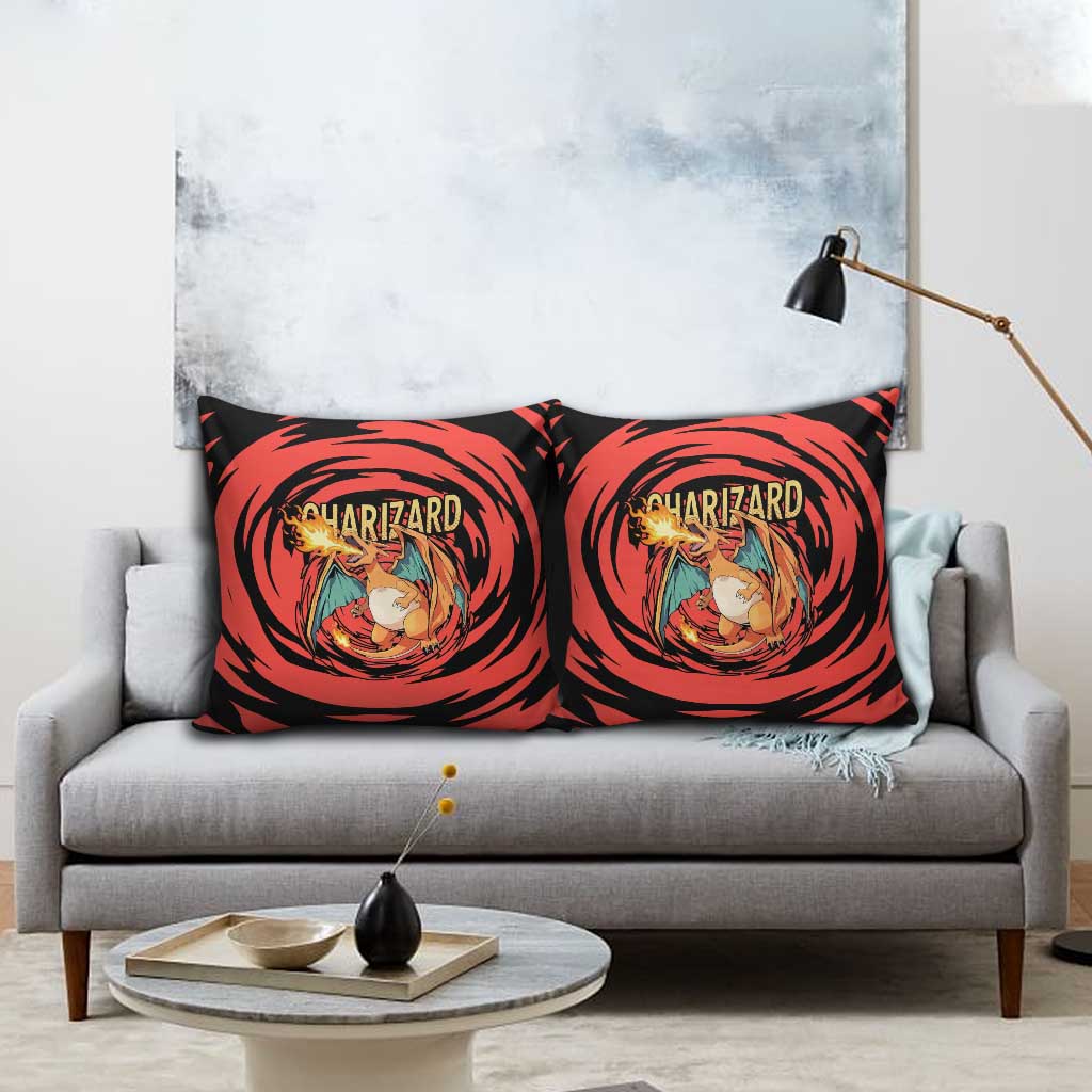 Charizard Pokémon Red and Black Swirl Design Pillow Cover with Flames, Pokéball Accents, and Dynamic Fire-Breathing Pose - The Mazicc