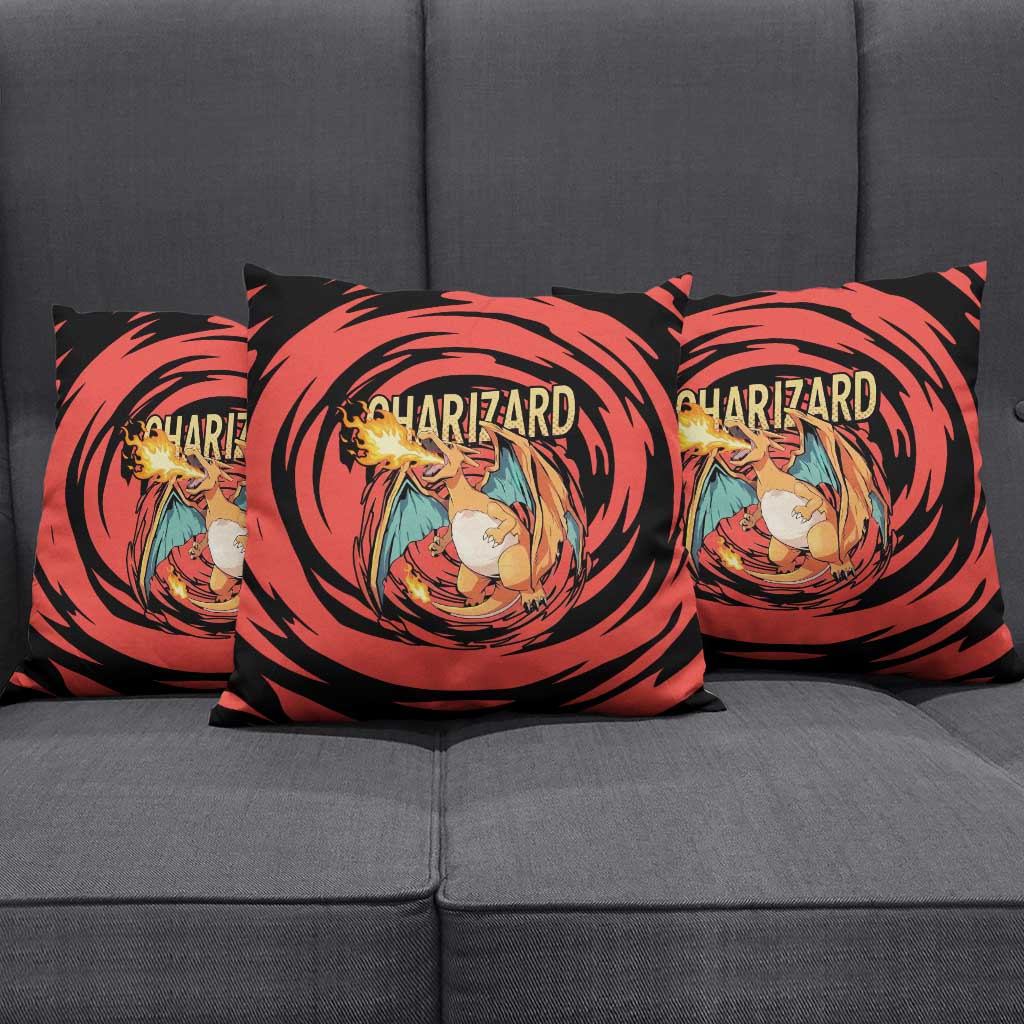 Charizard Pokémon Red and Black Swirl Design Pillow Cover with Flames, Pokéball Accents, and Dynamic Fire-Breathing Pose - The Mazicc