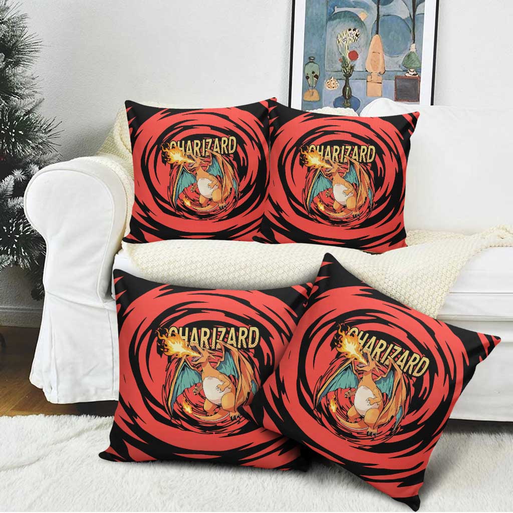 Charizard Pokémon Red and Black Swirl Design Pillow Cover with Flames, Pokéball Accents, and Dynamic Fire-Breathing Pose - The Mazicc