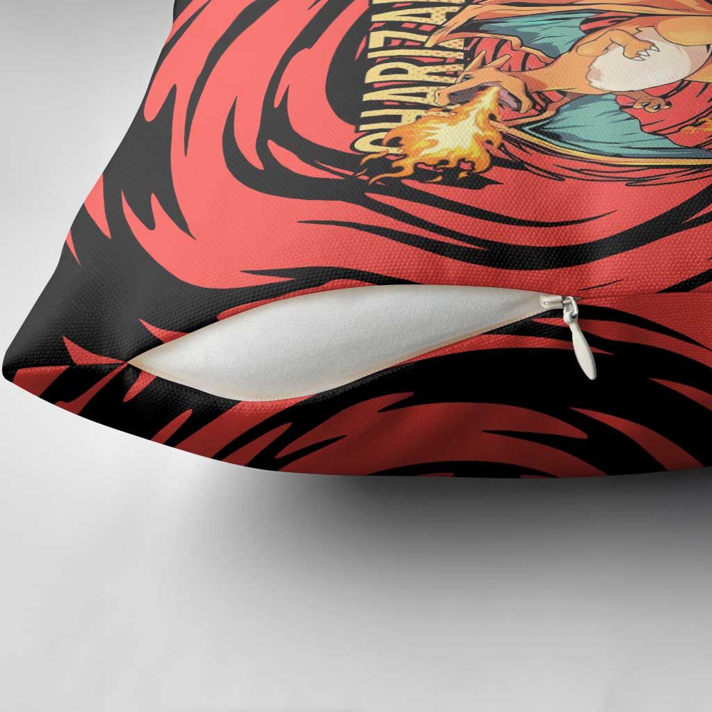 Charizard Pokémon Red and Black Swirl Design Pillow Cover with Flames, Pokéball Accents, and Dynamic Fire-Breathing Pose - The Mazicc