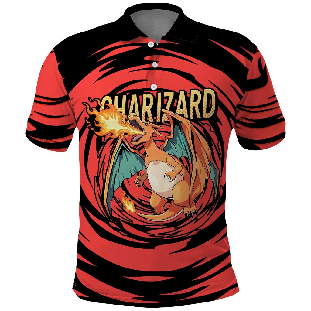 Charizard Pokémon Red and Black Swirl Design Polo Shirt with Flames, Pokéball Accents, and Dynamic Fire-Breathing Pose - The Mazicc