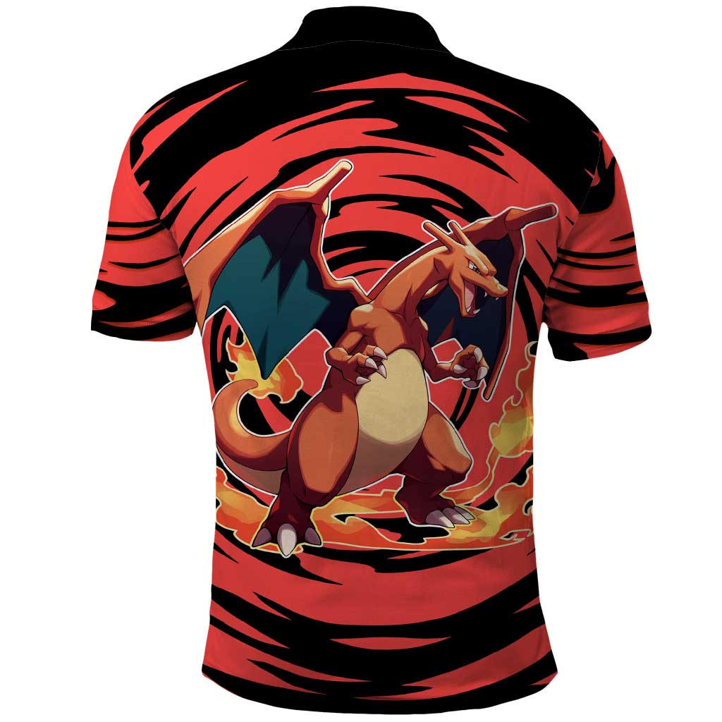 Charizard Pokémon Red and Black Swirl Design Polo Shirt with Flames, Pokéball Accents, and Dynamic Fire-Breathing Pose - The Mazicc