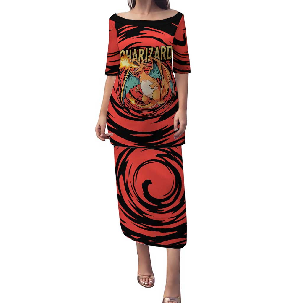 Charizard Pokémon Red and Black Swirl Design Puletasi with Flames, Pokéball Accents, and Dynamic Fire-Breathing Pose - The Mazicc