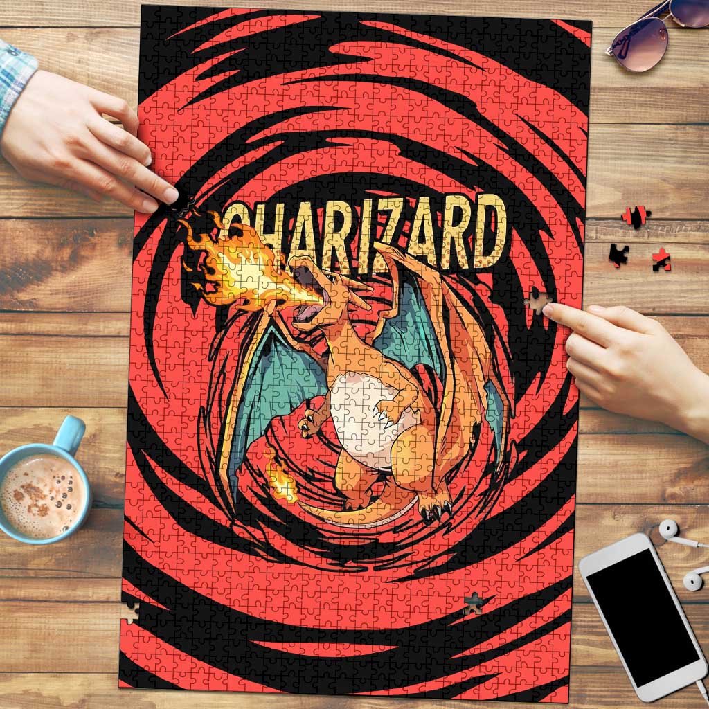 Charizard Pokémon Red and Black Swirl Design Puzzle with Flames, Pokéball Accents, and Dynamic Fire-Breathing Pose - The Mazicc