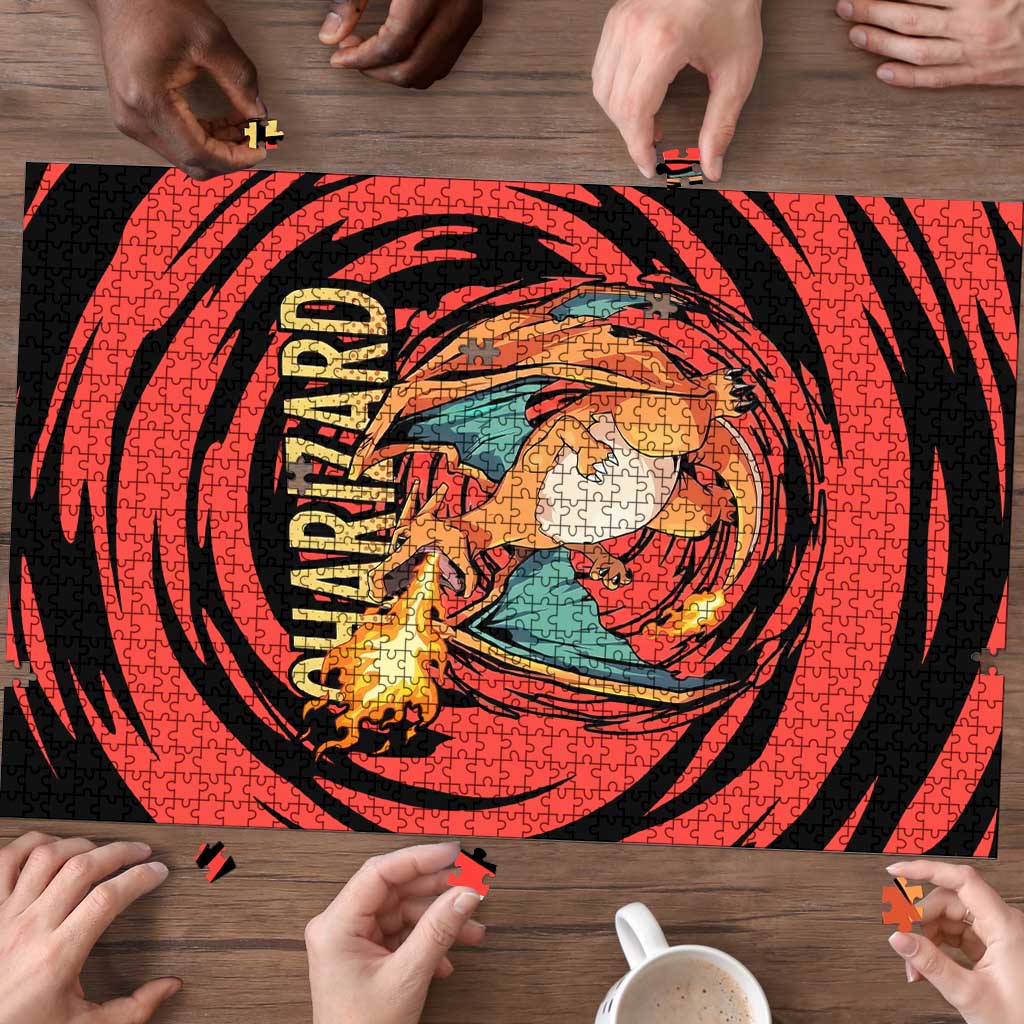 Charizard Pokémon Red and Black Swirl Design Puzzle with Flames, Pokéball Accents, and Dynamic Fire-Breathing Pose - The Mazicc
