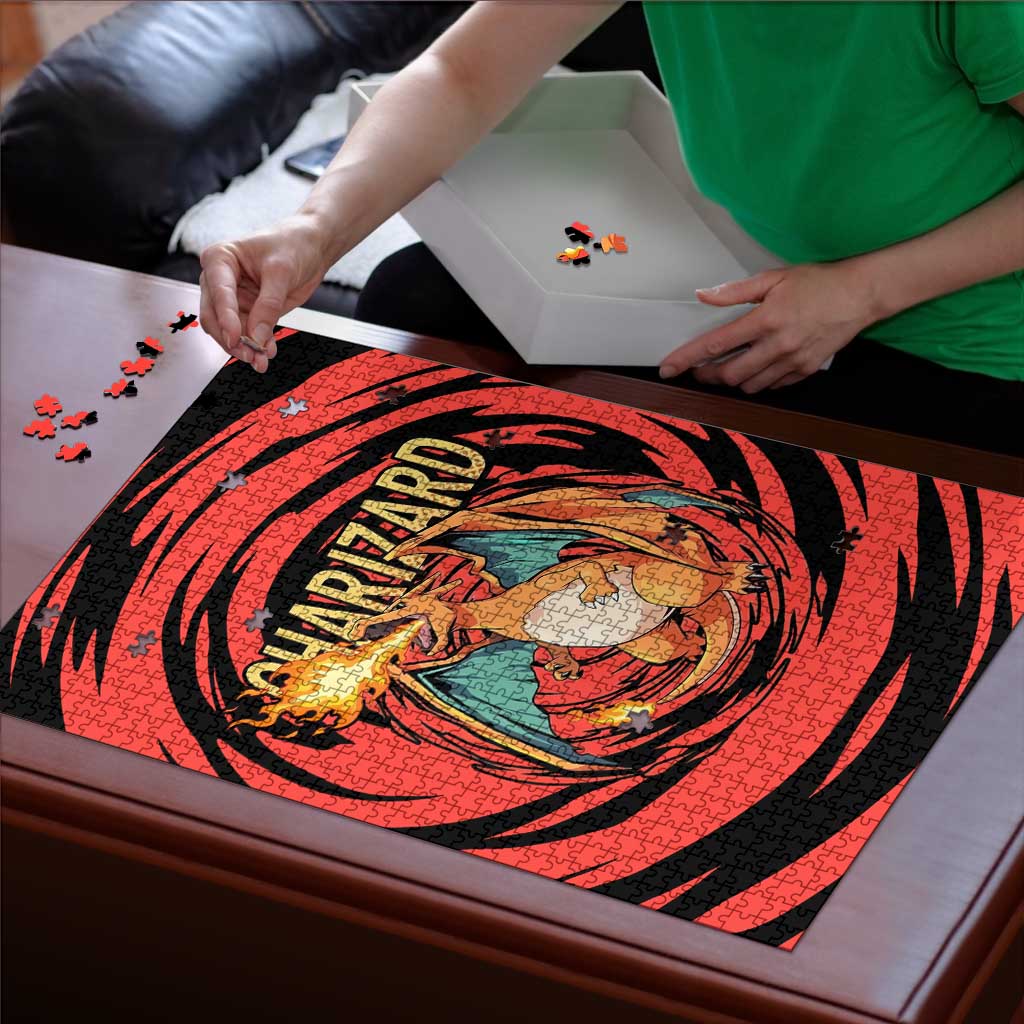 Charizard Pokémon Red and Black Swirl Design Puzzle with Flames, Pokéball Accents, and Dynamic Fire-Breathing Pose - The Mazicc