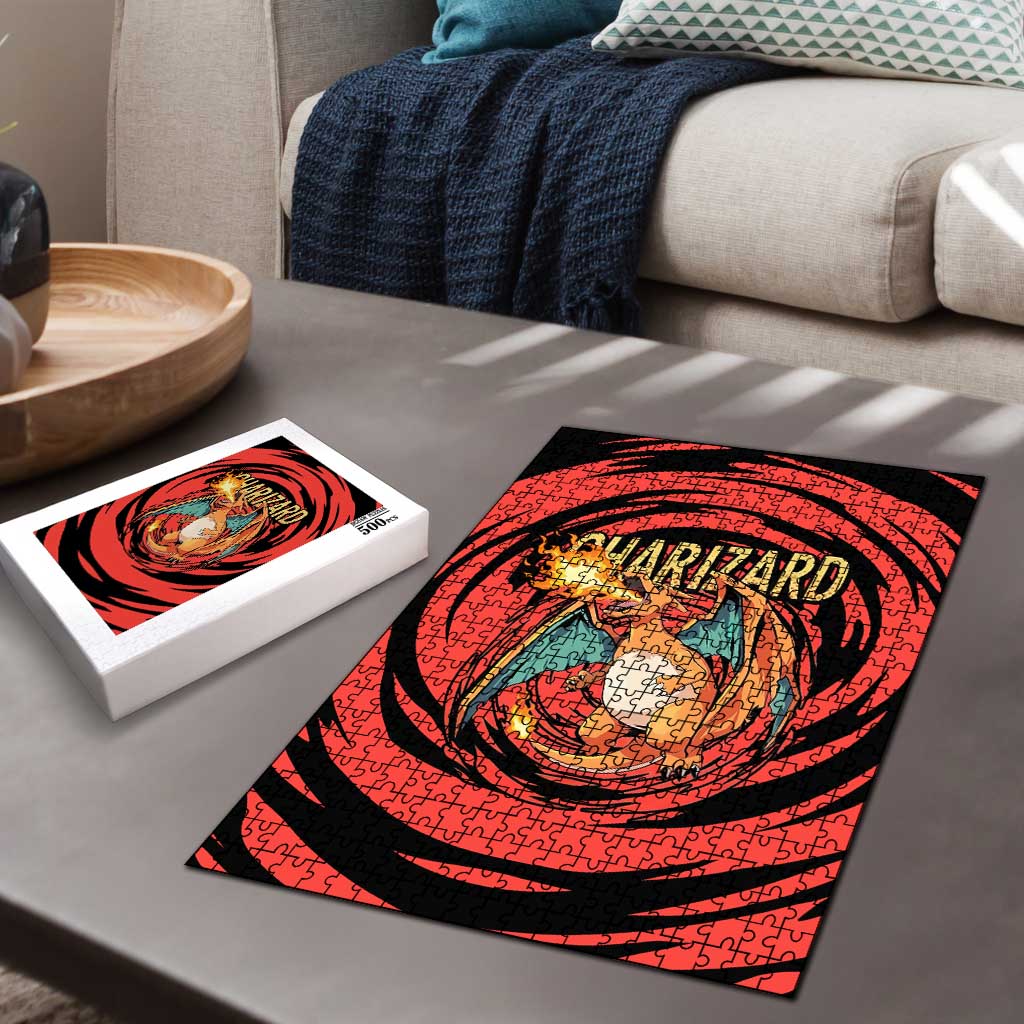 Charizard Pokémon Red and Black Swirl Design Puzzle with Flames, Pokéball Accents, and Dynamic Fire-Breathing Pose - The Mazicc