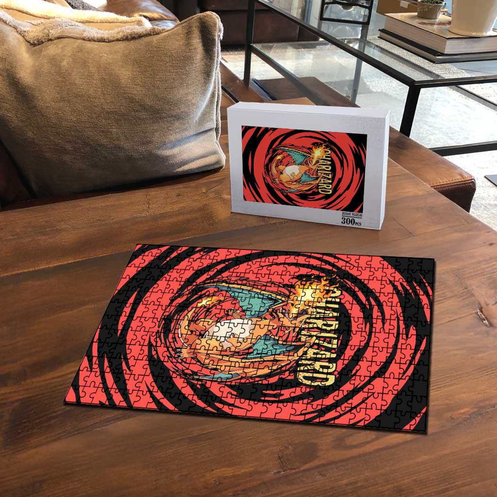 Charizard Pokémon Red and Black Swirl Design Puzzle with Flames, Pokéball Accents, and Dynamic Fire-Breathing Pose - The Mazicc