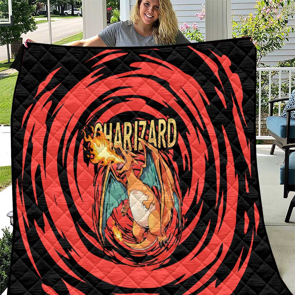 Charizard Pokémon Red and Black Swirl Design Quilt with Flames, Pokéball Accents, and Dynamic Fire-Breathing Pose - The Mazicc