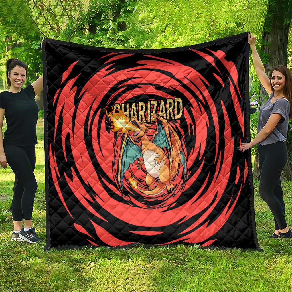Charizard Pokémon Red and Black Swirl Design Quilt with Flames, Pokéball Accents, and Dynamic Fire-Breathing Pose - The Mazicc