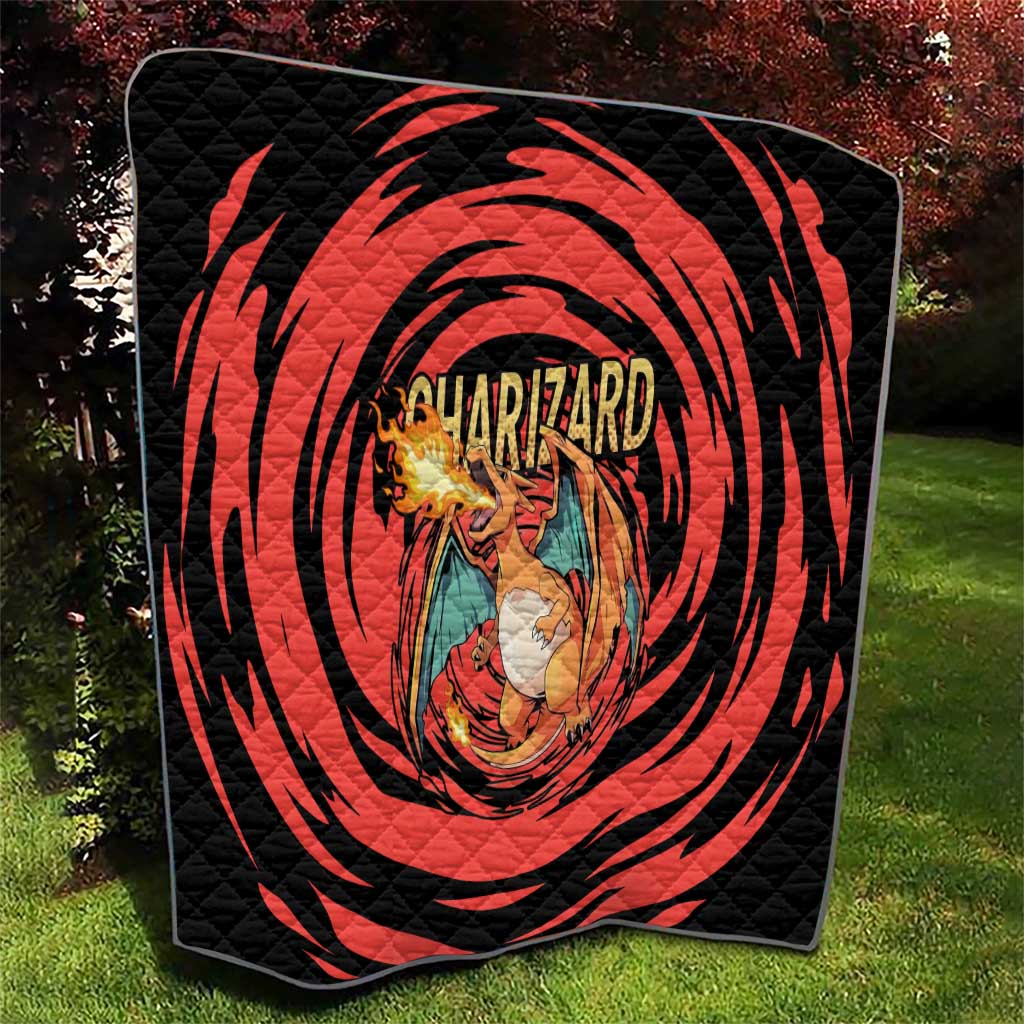 Charizard Pokémon Red and Black Swirl Design Quilt with Flames, Pokéball Accents, and Dynamic Fire-Breathing Pose - The Mazicc