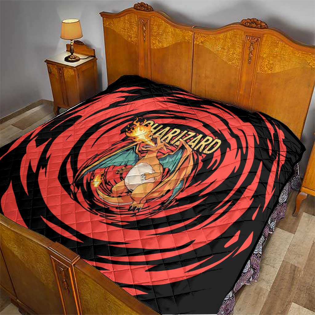 Charizard Pokémon Red and Black Swirl Design Quilt with Flames, Pokéball Accents, and Dynamic Fire-Breathing Pose - The Mazicc