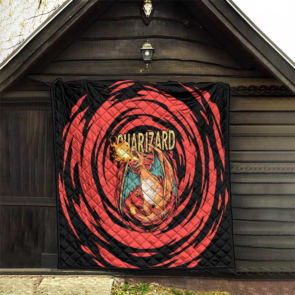 Charizard Pokémon Red and Black Swirl Design Quilt with Flames, Pokéball Accents, and Dynamic Fire-Breathing Pose - The Mazicc