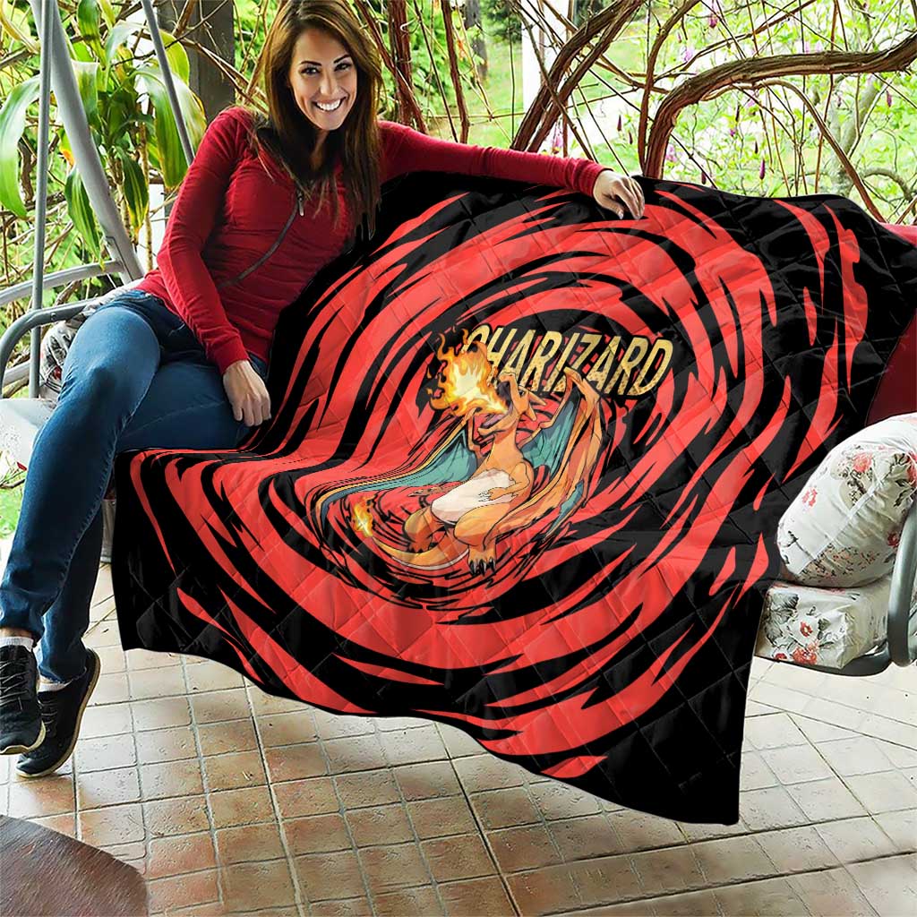 Charizard Pokémon Red and Black Swirl Design Quilt with Flames, Pokéball Accents, and Dynamic Fire-Breathing Pose - The Mazicc
