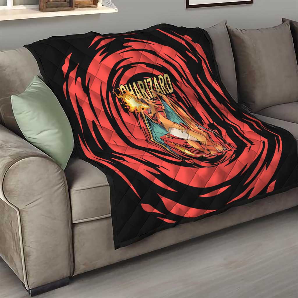 Charizard Pokémon Red and Black Swirl Design Quilt with Flames, Pokéball Accents, and Dynamic Fire-Breathing Pose - The Mazicc