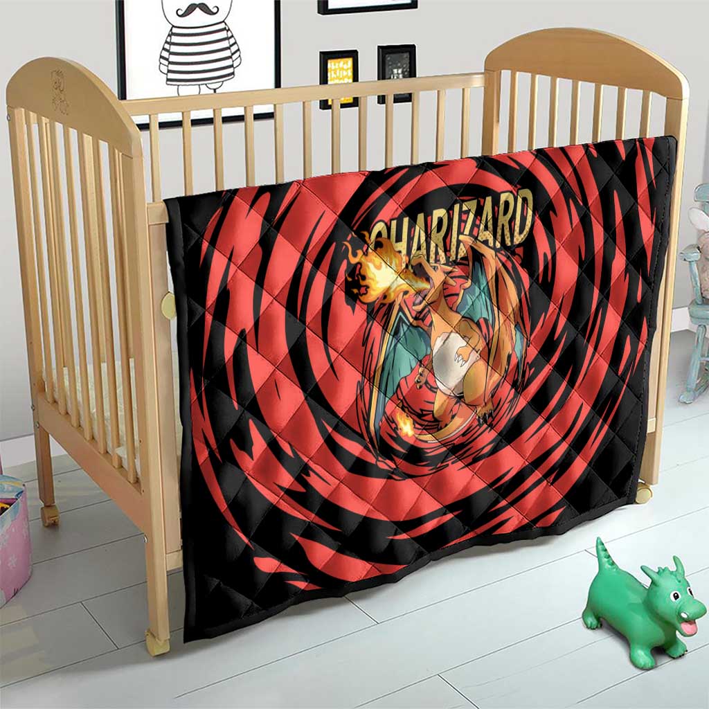 Charizard Pokémon Red and Black Swirl Design Quilt with Flames, Pokéball Accents, and Dynamic Fire-Breathing Pose - The Mazicc
