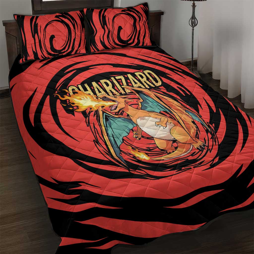Charizard Pokémon Red and Black Swirl Design Quilt Bed Set with Flames, Pokéball Accents, and Dynamic Fire-Breathing Pose - The Mazicc