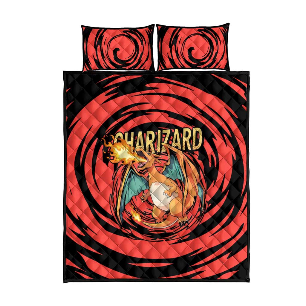Charizard Pokémon Red and Black Swirl Design Quilt Bed Set with Flames, Pokéball Accents, and Dynamic Fire-Breathing Pose - The Mazicc