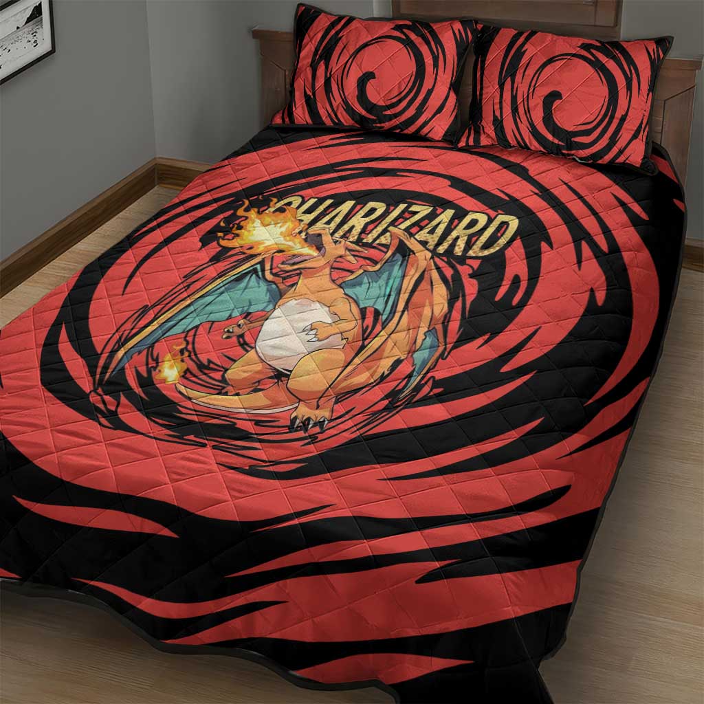 Charizard Pokémon Red and Black Swirl Design Quilt Bed Set with Flames, Pokéball Accents, and Dynamic Fire-Breathing Pose - The Mazicc