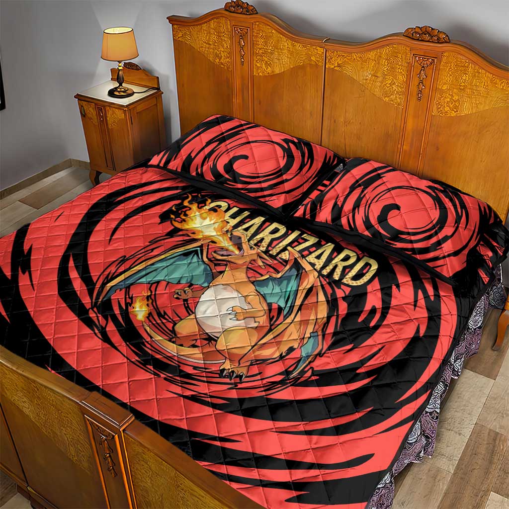 Charizard Pokémon Red and Black Swirl Design Quilt Bed Set with Flames, Pokéball Accents, and Dynamic Fire-Breathing Pose - The Mazicc