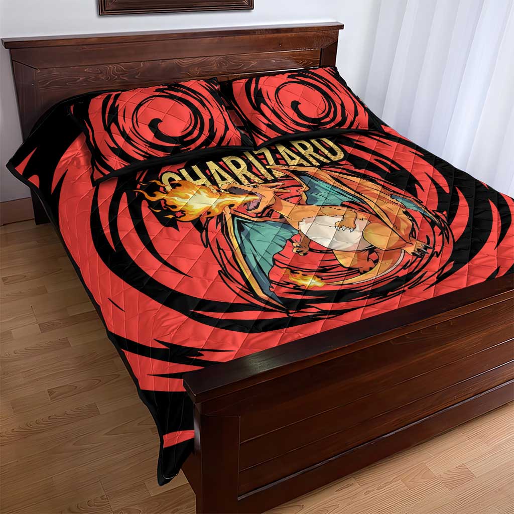 Charizard Pokémon Red and Black Swirl Design Quilt Bed Set with Flames, Pokéball Accents, and Dynamic Fire-Breathing Pose - The Mazicc
