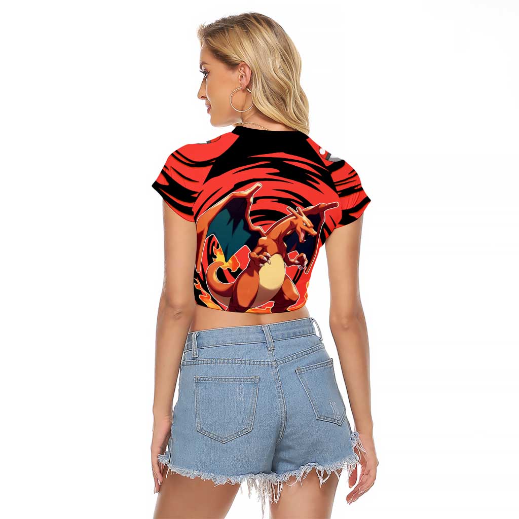 Charizard Pokémon Red and Black Swirl Design Raglan Cropped T Shirt with Flames, Pokéball Accents, and Dynamic Fire-Breathing Pose - The Mazicc