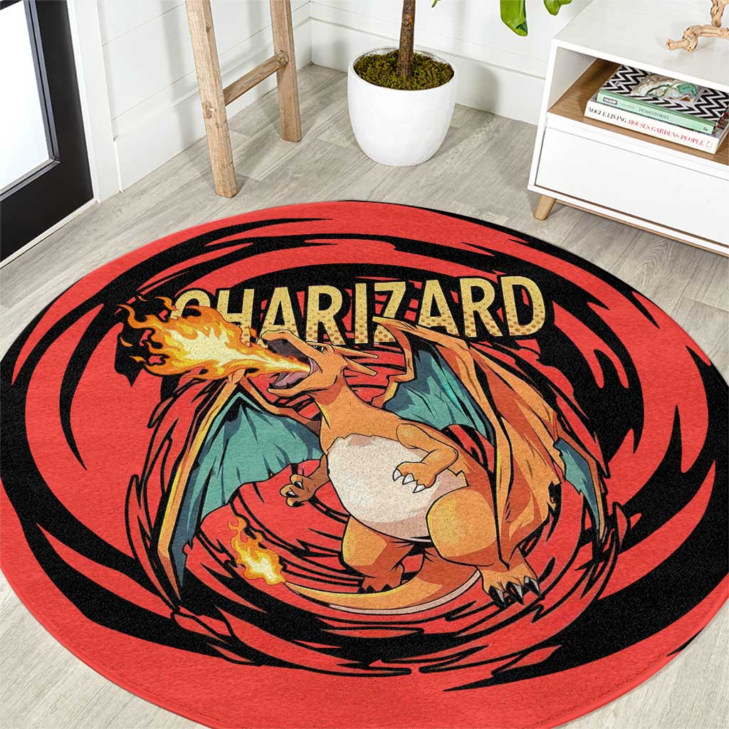 Charizard Pokémon Red and Black Swirl Design Round Carpet with Flames, Pokéball Accents, and Dynamic Fire-Breathing Pose - The Mazicc