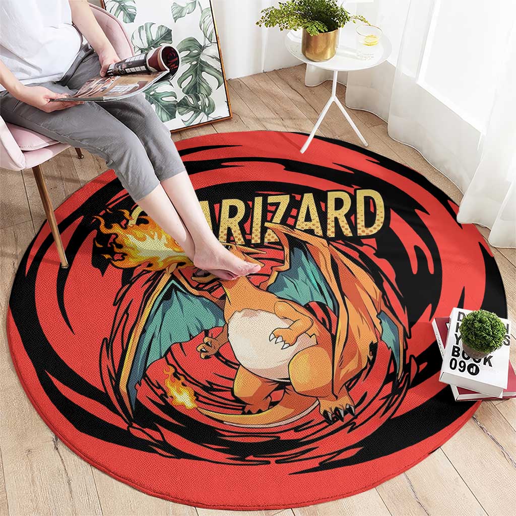Charizard Pokémon Red and Black Swirl Design Round Carpet with Flames, Pokéball Accents, and Dynamic Fire-Breathing Pose - The Mazicc