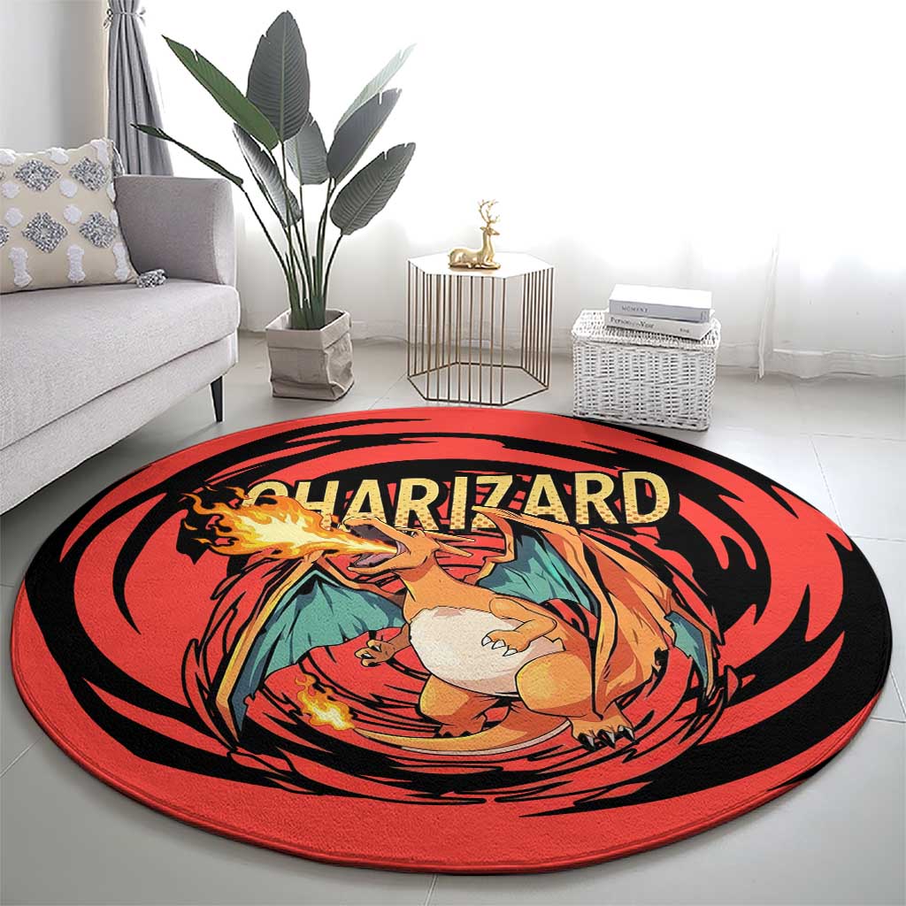 Charizard Pokémon Red and Black Swirl Design Round Carpet with Flames, Pokéball Accents, and Dynamic Fire-Breathing Pose - The Mazicc
