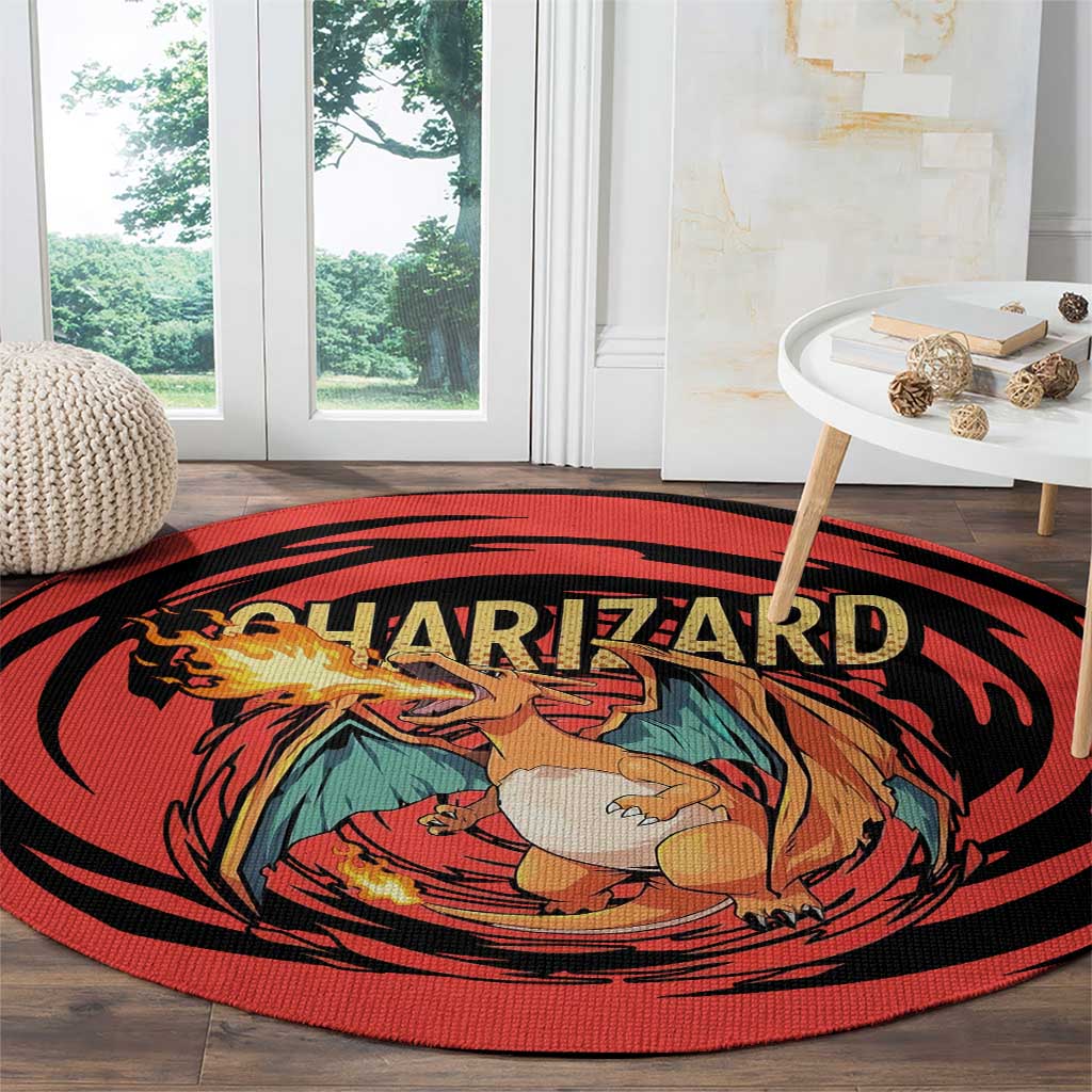 Charizard Pokémon Red and Black Swirl Design Round Carpet with Flames, Pokéball Accents, and Dynamic Fire-Breathing Pose - The Mazicc