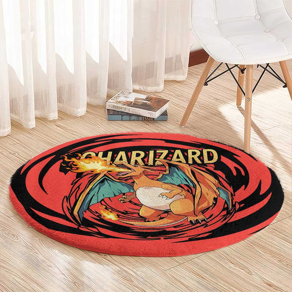 Charizard Pokémon Red and Black Swirl Design Round Carpet with Flames, Pokéball Accents, and Dynamic Fire-Breathing Pose - The Mazicc