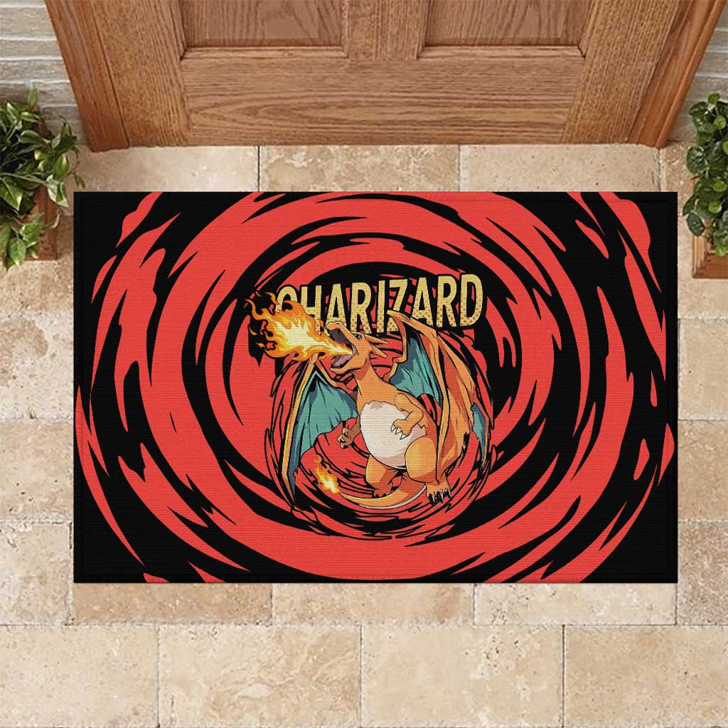 Charizard Pokémon Red and Black Swirl Design Rubber Doormat with Flames, Pokéball Accents, and Dynamic Fire-Breathing Pose - The Mazicc