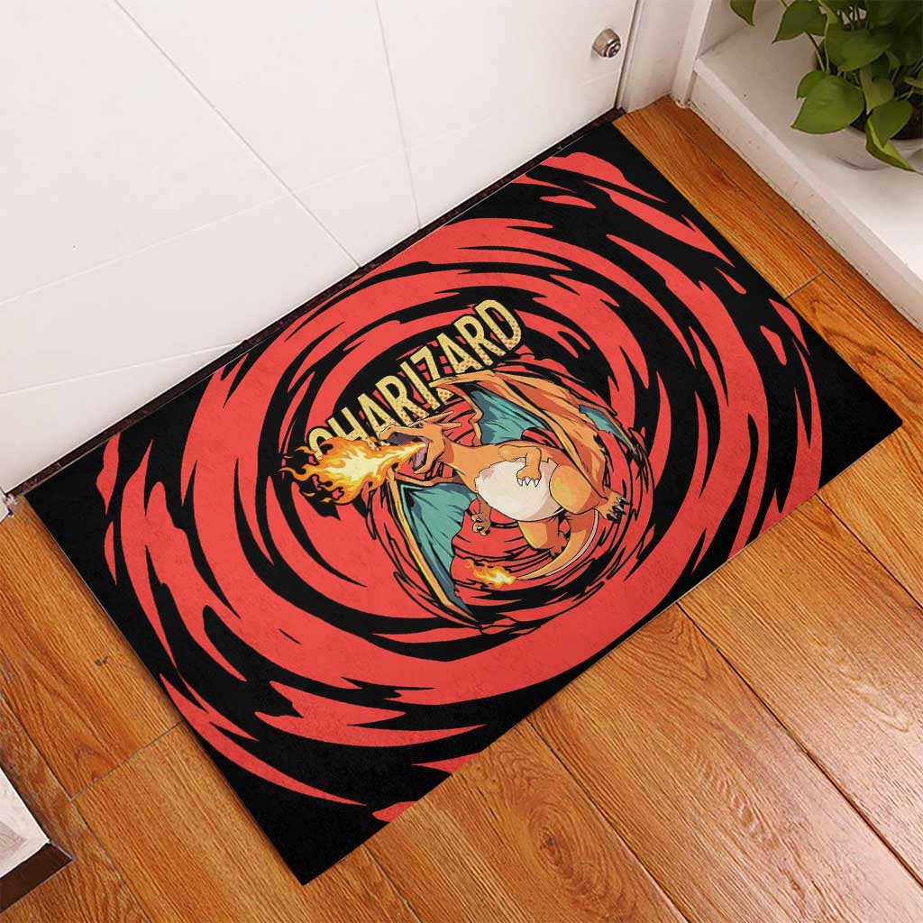 Charizard Pokémon Red and Black Swirl Design Rubber Doormat with Flames, Pokéball Accents, and Dynamic Fire-Breathing Pose - The Mazicc