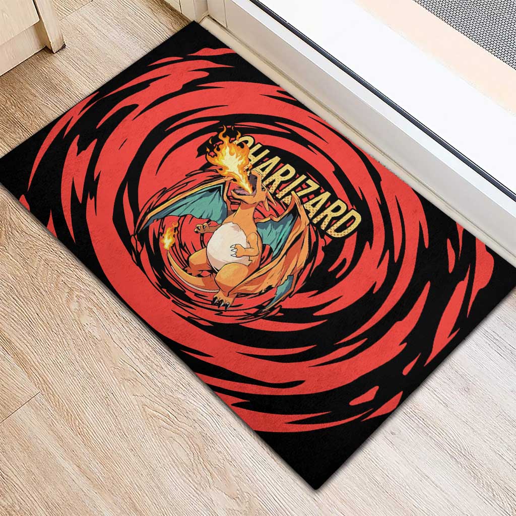 Charizard Pokémon Red and Black Swirl Design Rubber Doormat with Flames, Pokéball Accents, and Dynamic Fire-Breathing Pose - The Mazicc