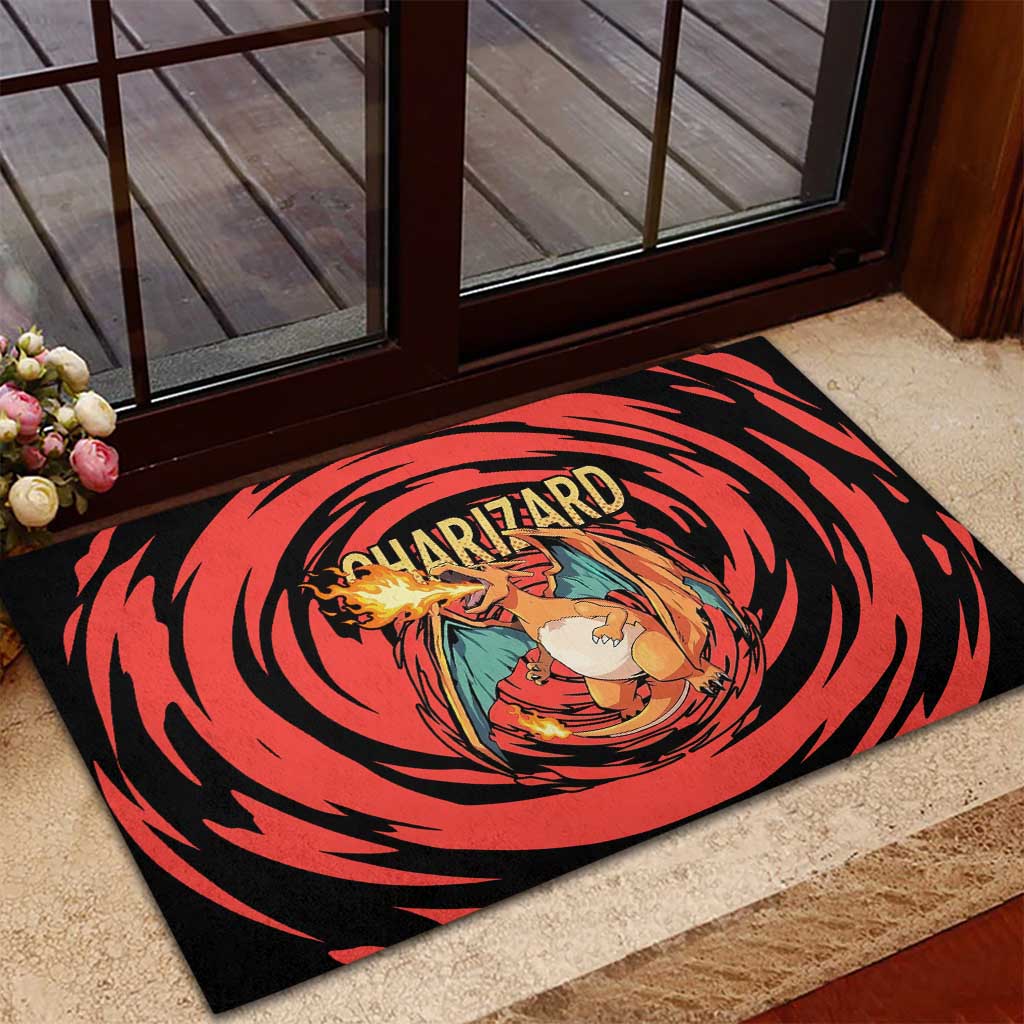 Charizard Pokémon Red and Black Swirl Design Rubber Doormat with Flames, Pokéball Accents, and Dynamic Fire-Breathing Pose - The Mazicc