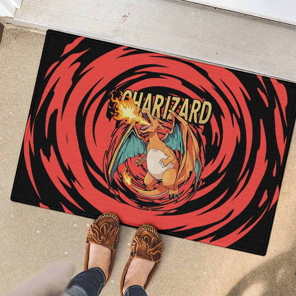 Charizard Pokémon Red and Black Swirl Design Rubber Doormat with Flames, Pokéball Accents, and Dynamic Fire-Breathing Pose - The Mazicc