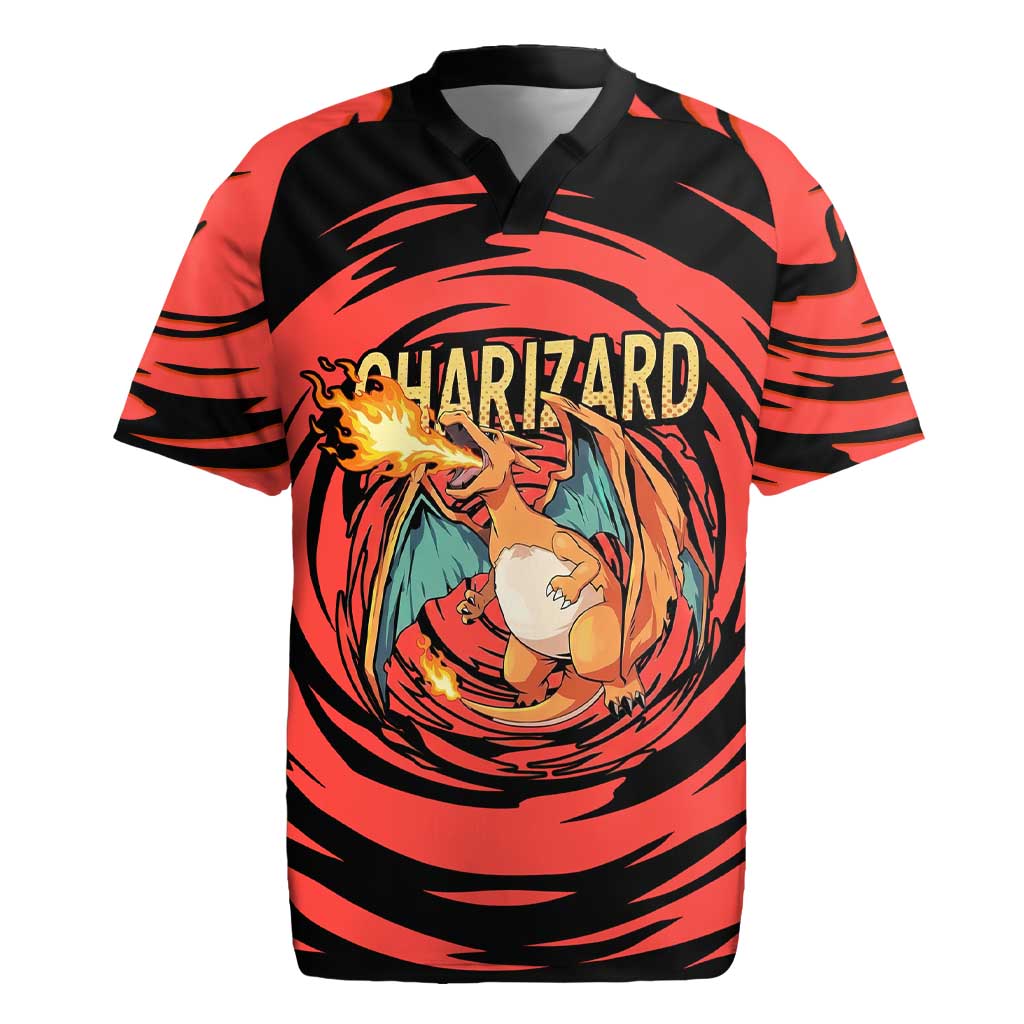Charizard Pokémon Red and Black Swirl Design Rugby Jersey with Flames, Pokéball Accents, and Dynamic Fire-Breathing Pose - The Mazicc