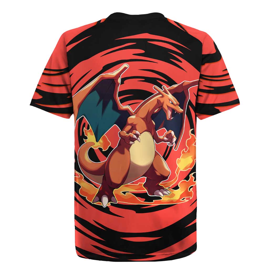 Charizard Pokémon Red and Black Swirl Design Rugby Jersey with Flames, Pokéball Accents, and Dynamic Fire-Breathing Pose - The Mazicc